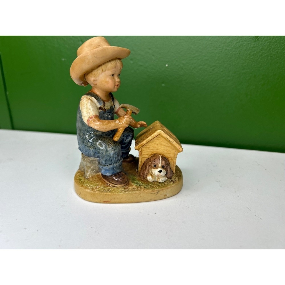 Vintage Ceramic Boy Figurine with Doghouse and Puppy Overalls Cowboy Hat Decor